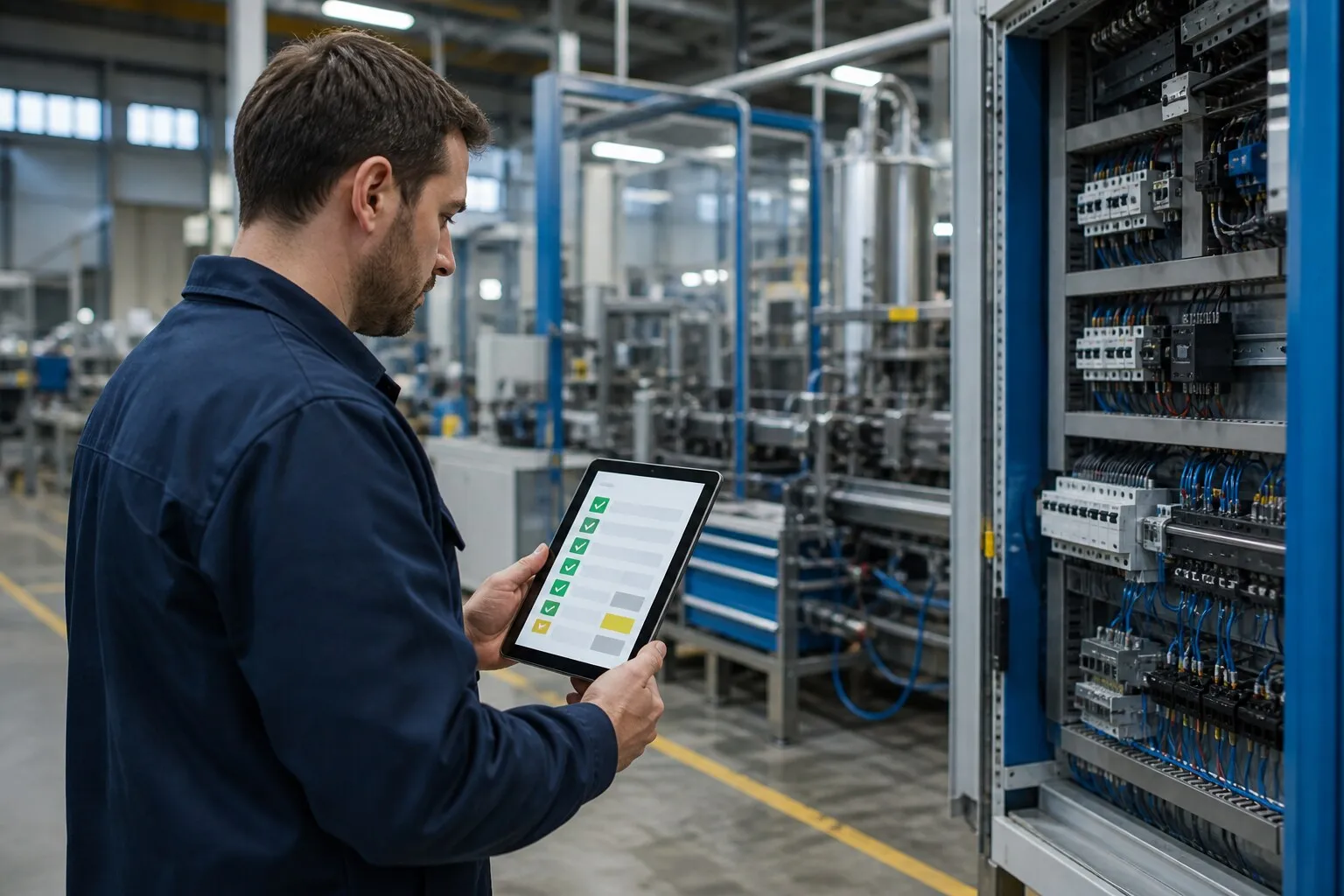 Ein Ingenieur prüft an einer Industrieanlage eine Checkliste auf einem Tablet